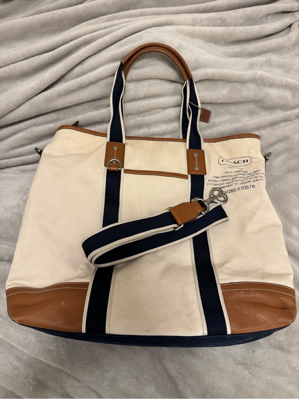 Coach Men’s Canvas & Leather Tote Bag in Cream and Brown